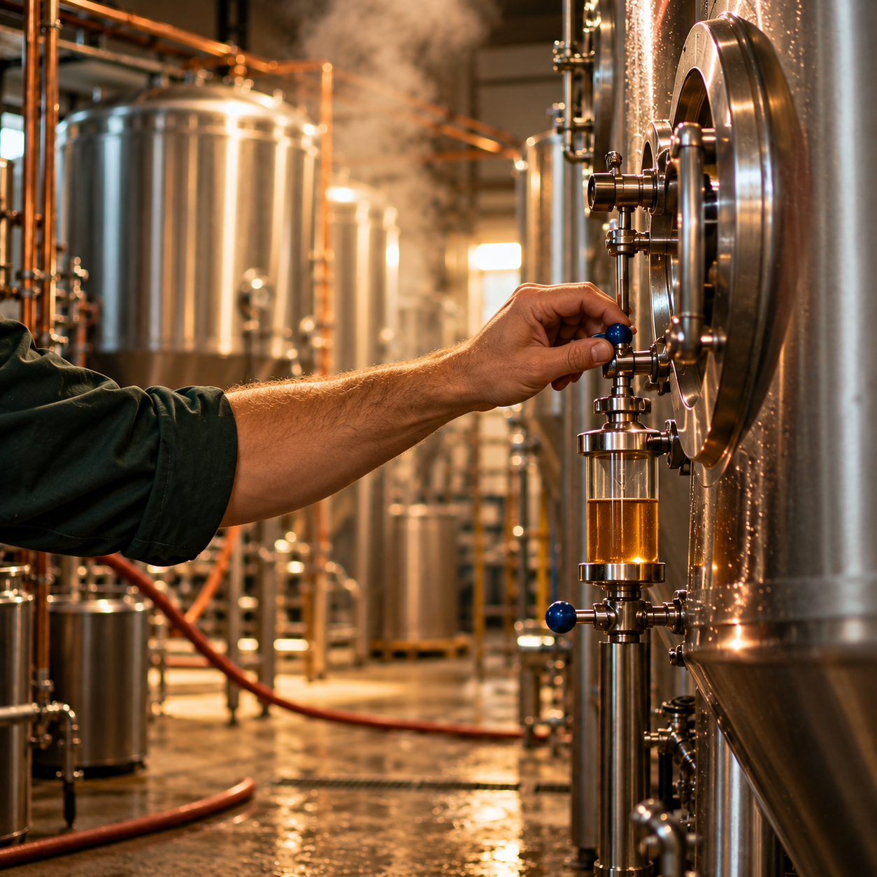 A brewer carefully checking a stainless fermentation tank