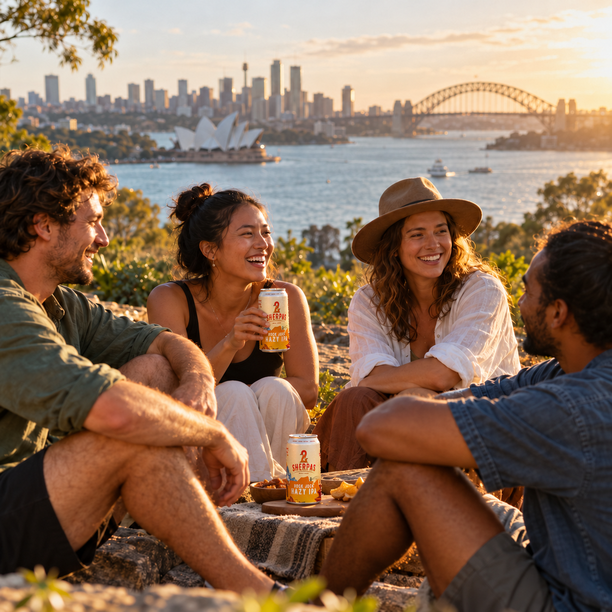 Friends sharing a relaxed afternoon overlooking Sydney Harbour