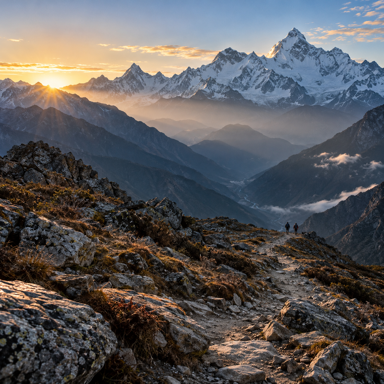 A Himalayan trail winding toward snow-covered peaks at sunrise
