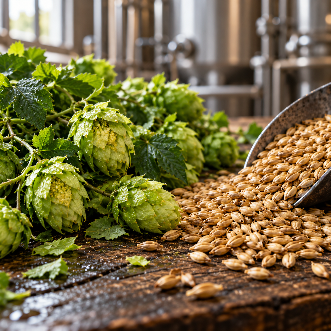 Fresh hops and malt ready for brewing